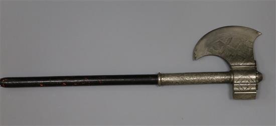 A Sikh silver foiled steel axe head, Tabarzin - Punjab early 19th century, length 26in., axe head 10.5in.